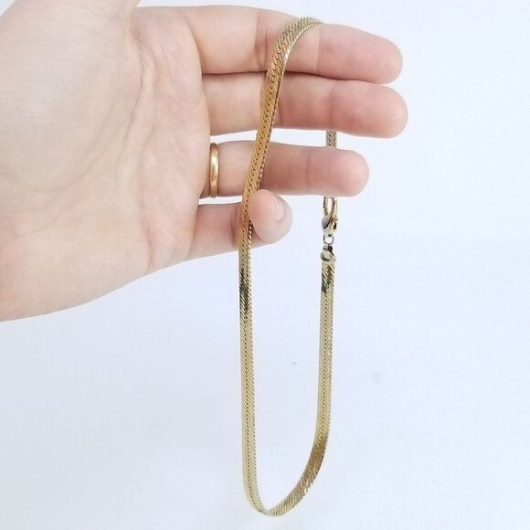Vintage Flat Gold Tone Chain Necklace, Herringbone Style, Unisex Design, Estate - Picture 2 of 5